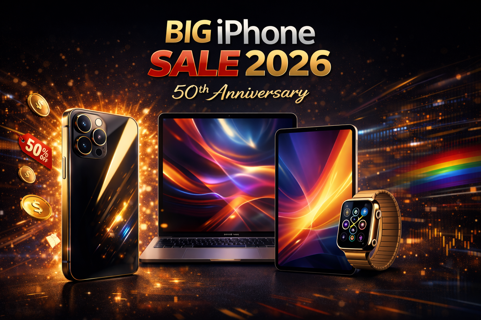 Retro Apple logo 50th anniversary," iPhone 50th anniversary edition mockup," "Apple Store 50th anniversary sale banners."